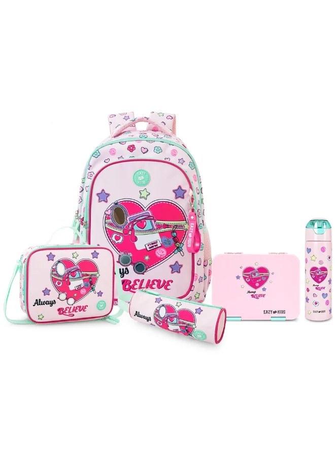 Eazy Kids Eazy Kids 17” School Bag Set of 3 w/ Insulated Water Bottle & Convertible Bento Lunch Box – Always Believe Pink