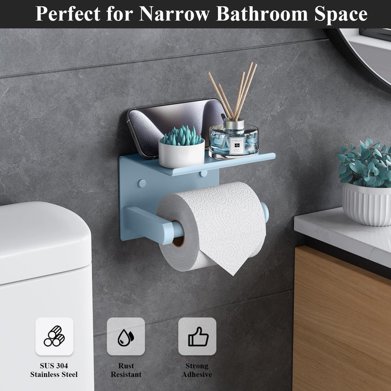 Tindbea Toilet Paper Holder with Phone Shelf  Adhesive or Screw Wall Mount Toilet Tissue Roll Holder  Rustproof & Multifunctional Stainless Steel Bathroom Storage Dispenser (Sky Blue) - Image 2