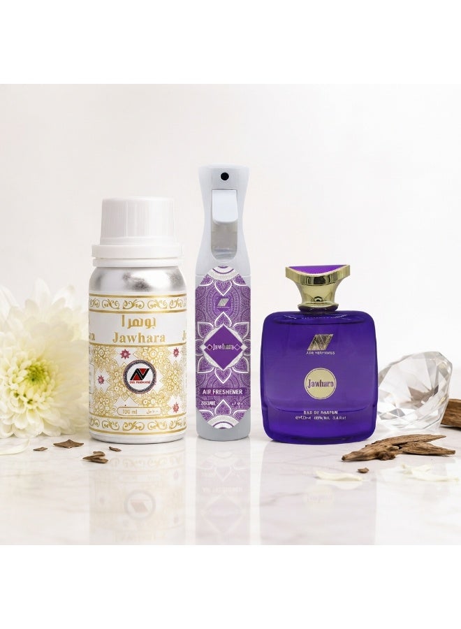 ARD PERFUMES Jawhara Fragrance Collection Combo by Ard Perfumes – EDP 100ml + Concentrated Perfume Oil 100ml + Air Freshener Spray 300ml | Amber Musk Fragrance with Fresh Floral & Green Notes | Long Lasting Gift Set - Image 1