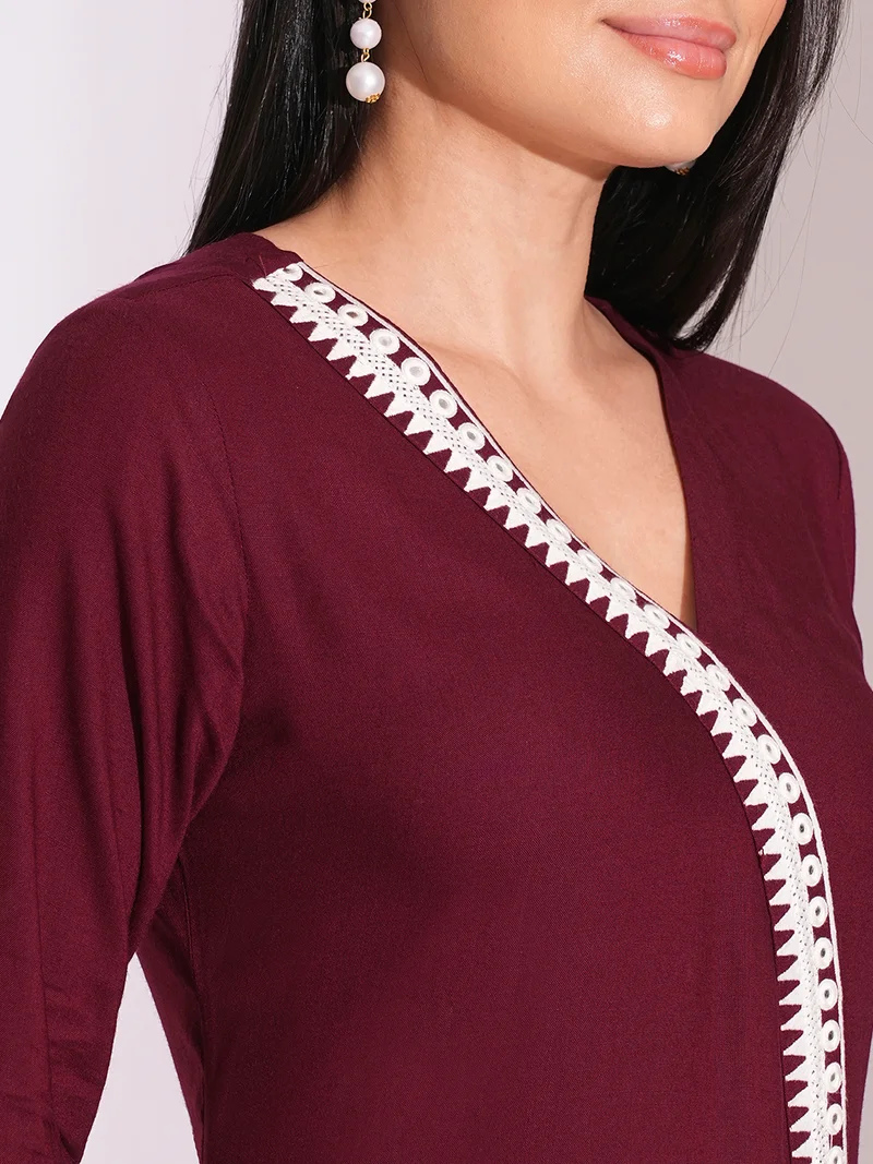 globus Women V-Neck Lace Details A-Line Kurta With Trousers
