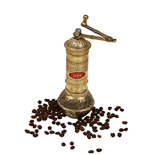 Ottoman Inspirations 76 Handmade Hand Crafted Hammered Manual Brass Coffee Mill Grinder Sozen Portable Stainless Steel Conical Burr Coffee Mill Portable Hand Crank Turkish Coffee Grinder 