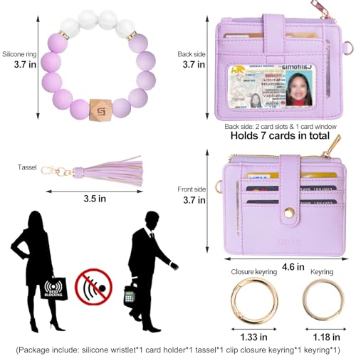 COOLANS Wristlet Bracelet Keychain Pocket Credit Card Holder Purse Tassel Keychain Bangle Key Ring for Women (Silicone Bead Bracelet+Card Purse (Light purple)) - Image 2