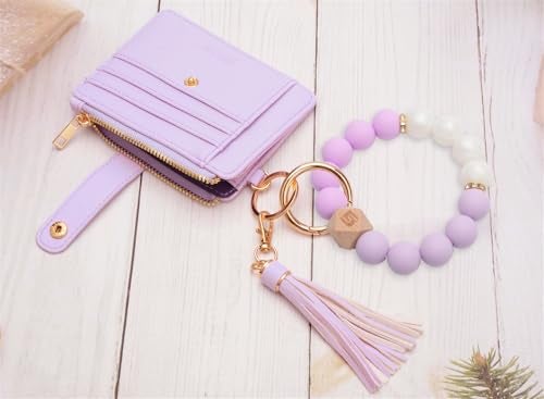 COOLANS Wristlet Bracelet Keychain Pocket Credit Card Holder Purse Tassel Keychain Bangle Key Ring for Women (Silicone Bead Bracelet+Card Purse (Light purple)) - Image 4