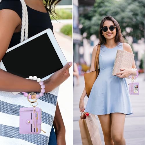 COOLANS Wristlet Bracelet Keychain Pocket Credit Card Holder Purse Tassel Keychain Bangle Key Ring for Women (Silicone Bead Bracelet+Card Purse (Light purple)) - Image 3