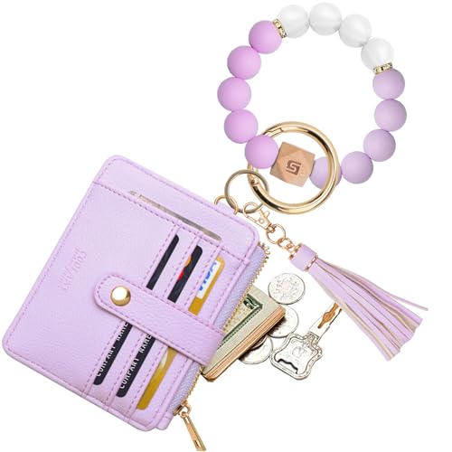 COOLANS Wristlet Bracelet Keychain Pocket Credit Card Holder Purse Tassel Keychain Bangle Key Ring for Women (Silicone Bead Bracelet+Card Purse (Light purple)) - Image 1