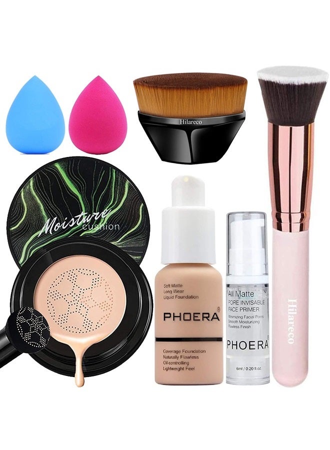 Hilareco PHOERA Foundation, Air Cushion CC Cream Natural Foundation,Phoera Foundation Full Coverage,Phoera Face Primer, Kabuki Brush Foundation Brush Makeup (105 Sand + #05 Medium Deep CC Cream)  - Image 1
