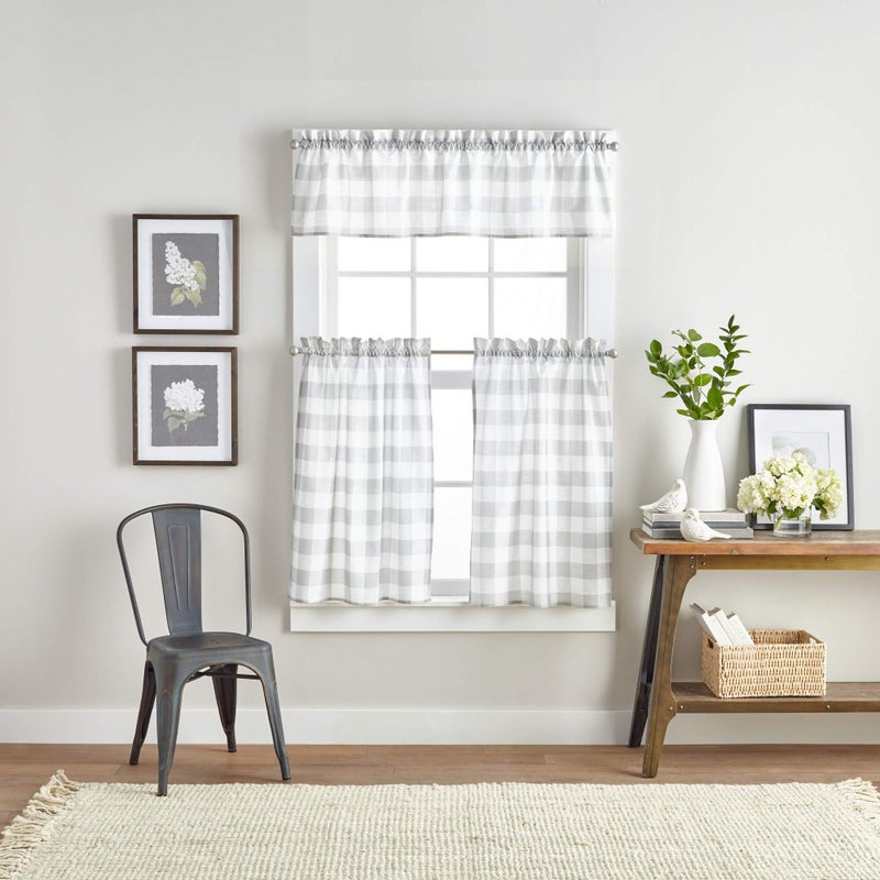 Curtainworks Curtainworks Country Modern Rustic Farmhouse Buffalo Check Kitchen Curtains Window Valance and Cafe Tiers 3Piece Set 36inch Grey White 