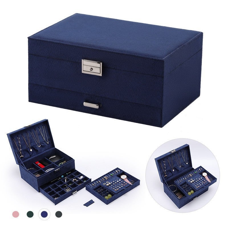 Cross-Border Suede Velvet Dark Green Three-Layer Jewelry Box - Large Capacity Necklace & Ring Organizer with Drawer
