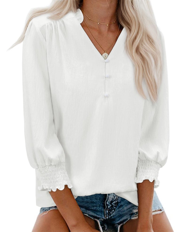 Gleeivy White Blouses for Women Dressy Casual 3/4 Length Sleeve Womens Tops V Neck 2026 Spring Trendy Business Casual Outfits White L - Image 1