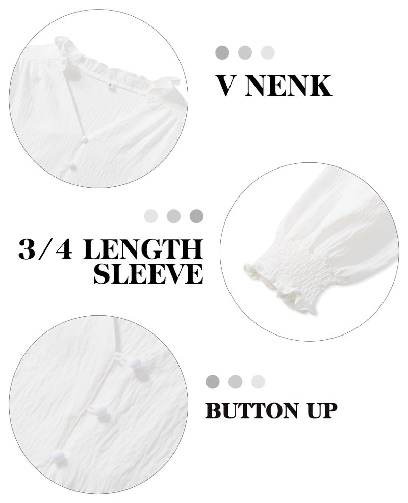 Gleeivy White Blouses for Women Dressy Casual 3/4 Length Sleeve Womens Tops V Neck 2026 Spring Trendy Business Casual Outfits White L - Image 4