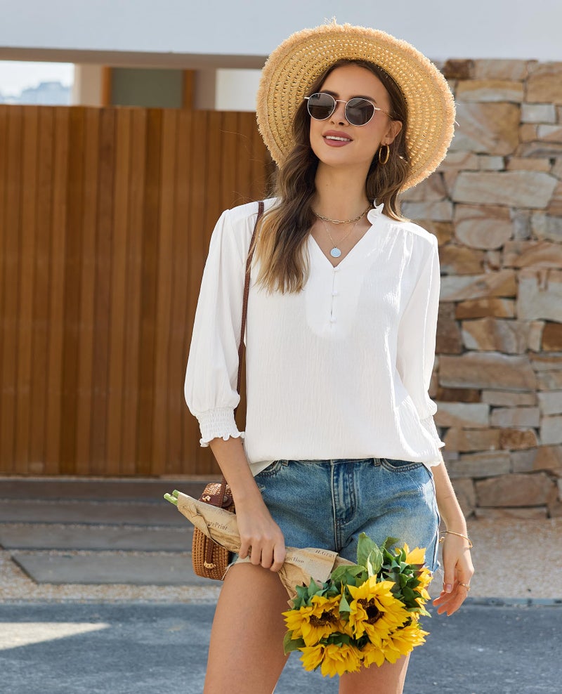 Gleeivy White Blouses for Women Dressy Casual 3/4 Length Sleeve Womens Tops V Neck 2026 Spring Trendy Business Casual Outfits White L - Image 2