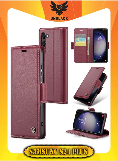 Flip Wallet Case For Samsung Galaxy S24 Plus, [RFID Blocking] PU Leather Wallet Flip Folio Case with Card Holder Kickstand Shockproof Phone Cover (Red)