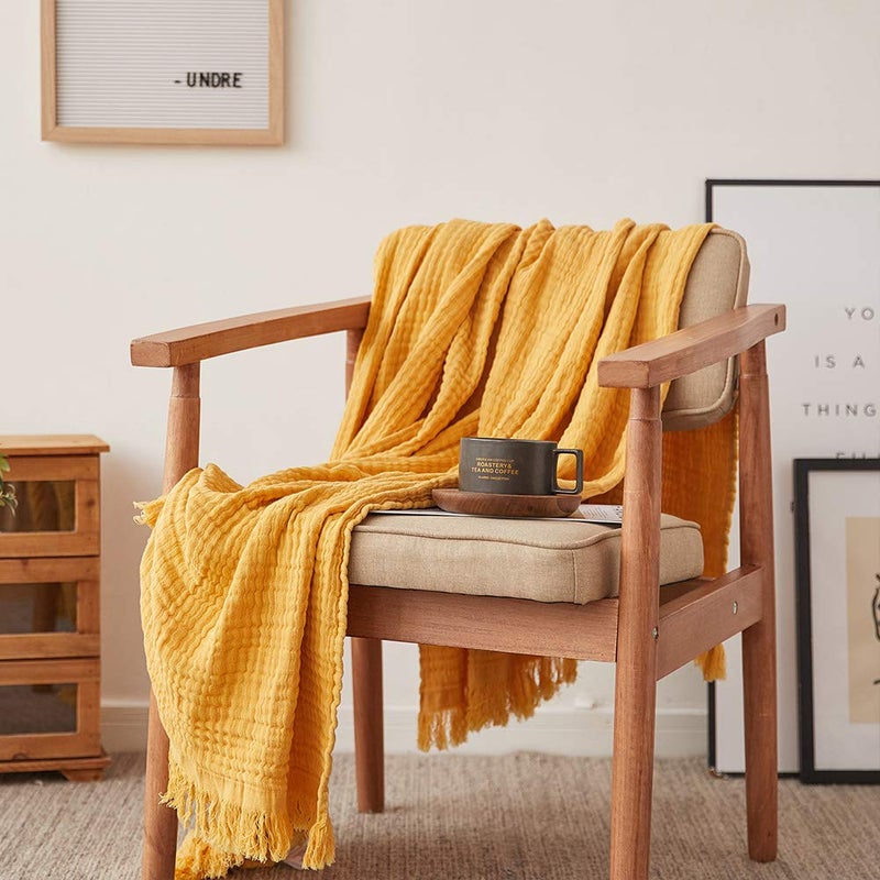 SimpleOpulence Cotton Muslin Throw Blanket for Bed Couch Knit Woven Gauze Blanket with Tassels Soft Lightweight Cozy PreWashed Breathable Farmhouse Decoration for AllSeason Yellow