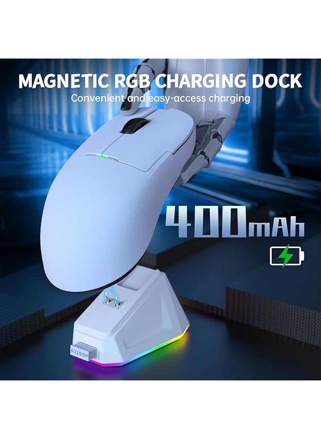 A-jazz Aj159 Dual Mode 2.4G/Usb C 56G Lightweight Gaming/Office Mouse With Paw3395 Sensor 5 Programmable Buttons Up To 26Kdpi With Magnetic Charging Dock For Pc/Laptop/Win/Mac (White)  - Image 2