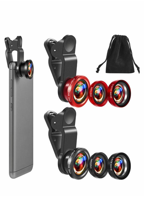 Universal 3 in 1 Phone Camera Lens Kit, 2 Pack Camera Lens Clip, Fisheye Lens Macro Lens Wide Angle Lens Cell Phone Lens Attachments, Compatible with Most Smartphones for Video, Live Show, Vlog