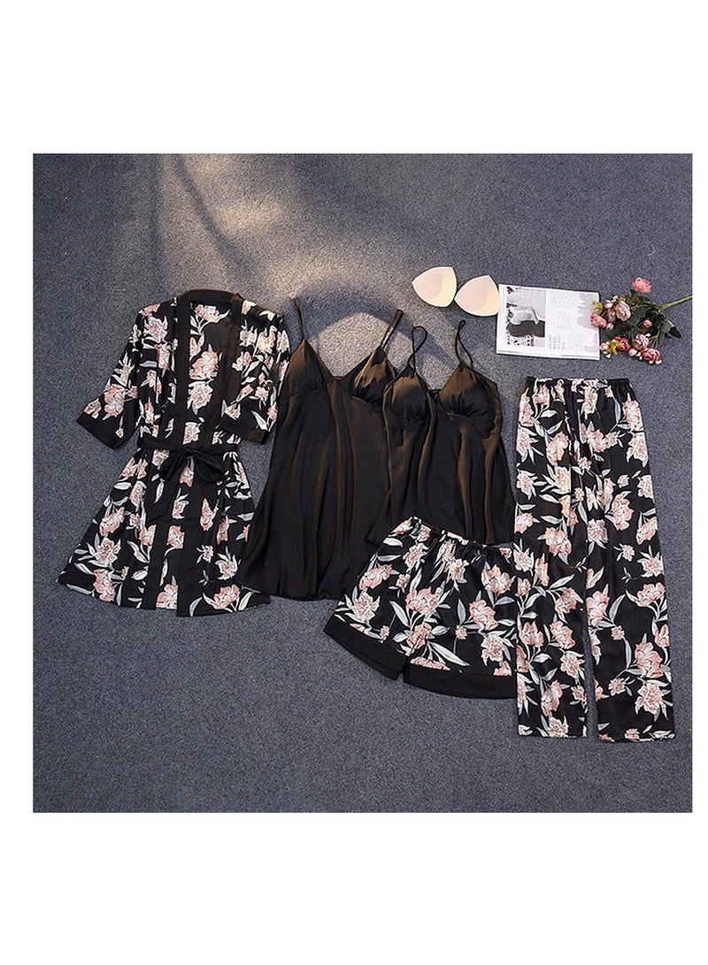 5-Pack Women's Sleepwear Sets Sling Lace Nightdress Sweet Pajama Home Wearing Clothes Loungewear Suits Floral Printing Ladies Nightwear Lingerie Robe Underwear Shorts Summer Spring black - Image 1