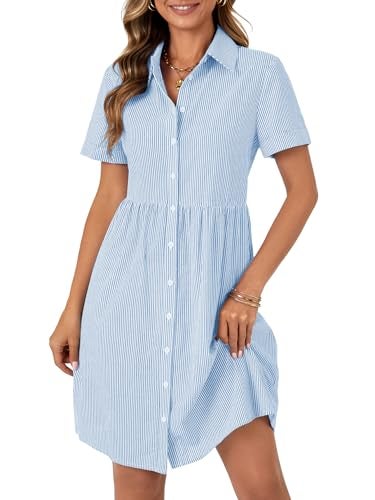 Rooscier Women's Collared Neck Striped Shirt Dress Button Down Short Sleeve Mini Dress Solid Blue Large - Image 2