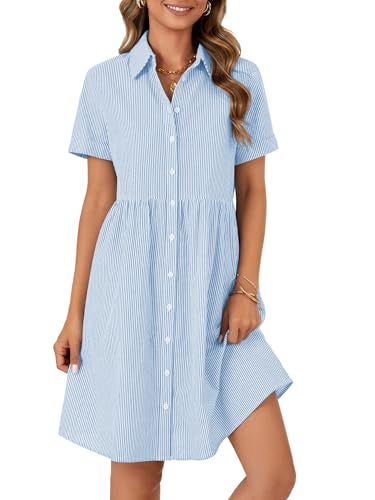 Rooscier Women's Collared Neck Striped Shirt Dress Button Down Short Sleeve Mini Dress Solid Blue Large - Image 4