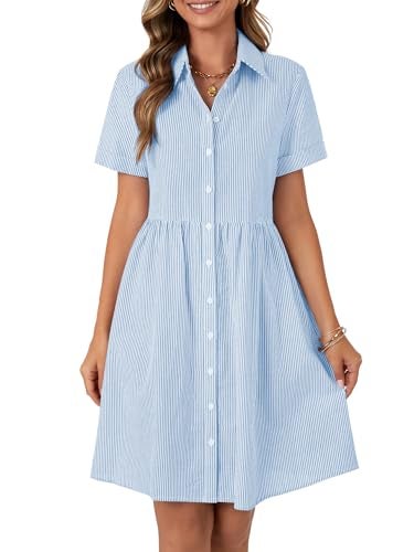 Rooscier Women's Collared Neck Striped Shirt Dress Button Down Short Sleeve Mini Dress Solid Blue Large - Image 1