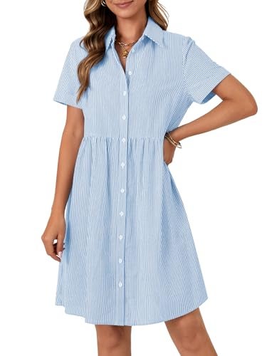 Rooscier Women's Collared Neck Striped Shirt Dress Button Down Short Sleeve Mini Dress Solid Blue Large - Image 3