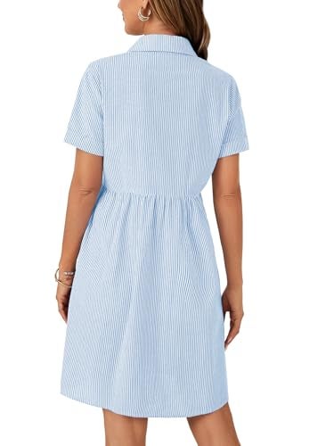Rooscier Women's Collared Neck Striped Shirt Dress Button Down Short Sleeve Mini Dress Solid Blue Large - Image 5