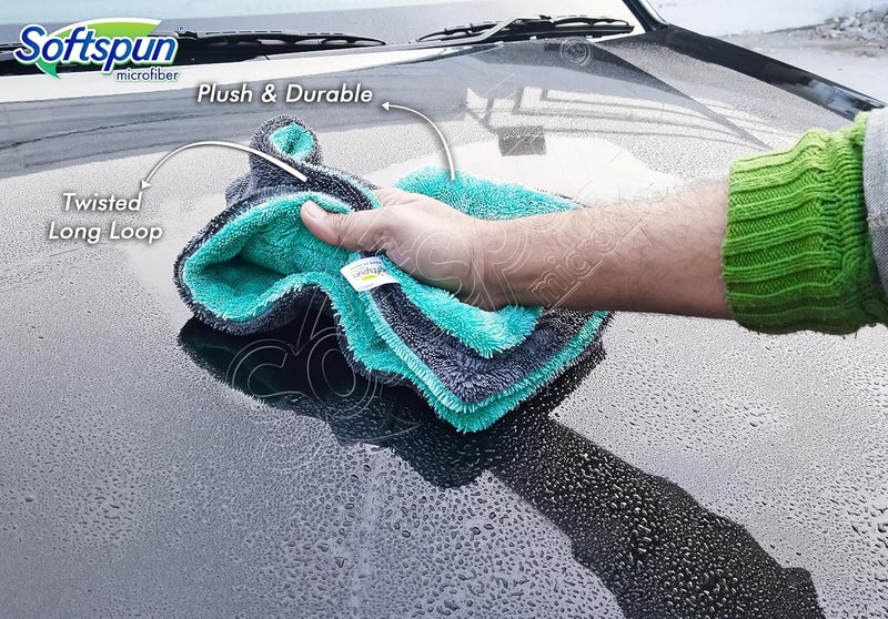 SOFTSPUN Microfiber Cloth for Car 1600 GSM 40x60 cms 1 Pcs Grey+Aqua Blue! Twisted Loop Super Absorbent Towel - Edgeless Design with Plush Pile and Lint Free Cloth for Drying and Detailing. - Image 4