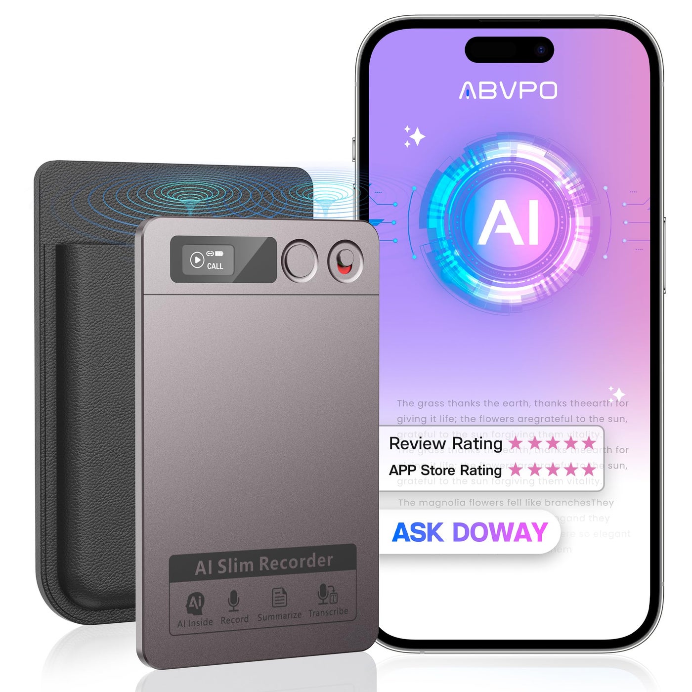 ABVPO AI Voice Recorder, Transcribe & Summarize, AI Noise Cancellation Technology, Supports 152 Languages, 64GB Memory APP Control Audio Recorder for Lectures, Meetings, Calls (Starlight)