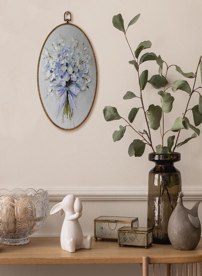 AEHIE Vintage Oil Hydrangea Oval Wall Art Decor, Preppy Blue Bow Hydrangea Bouquet Canvas Artwork Framed, Retro Wildflower Oval Wall Art for Home Bedroom Living Room Decor, 11x8.5 Inches - Image 2