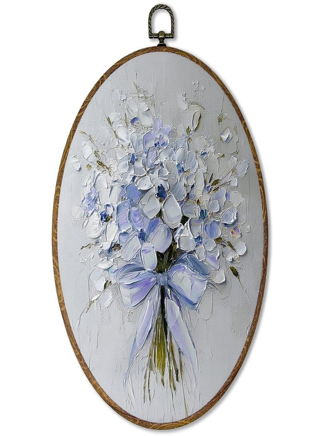 AEHIE Vintage Oil Hydrangea Oval Wall Art Decor, Preppy Blue Bow Hydrangea Bouquet Canvas Artwork Framed, Retro Wildflower Oval Wall Art for Home Bedroom Living Room Decor, 11x8.5 Inches - Image 1