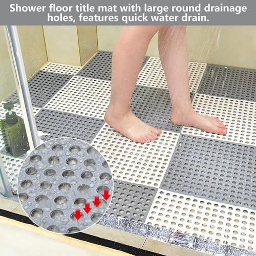 REDMART Interlocking Non-Slip Bathroom Floor Tiles (30 x 30 cm) - Soft PVC Shower Mats with Drain Holes - Modular Splicing Massage Cushion for Wet Areas,Pool,Patio & Toilet (Grey & White,Pack of [10]) - Image 3