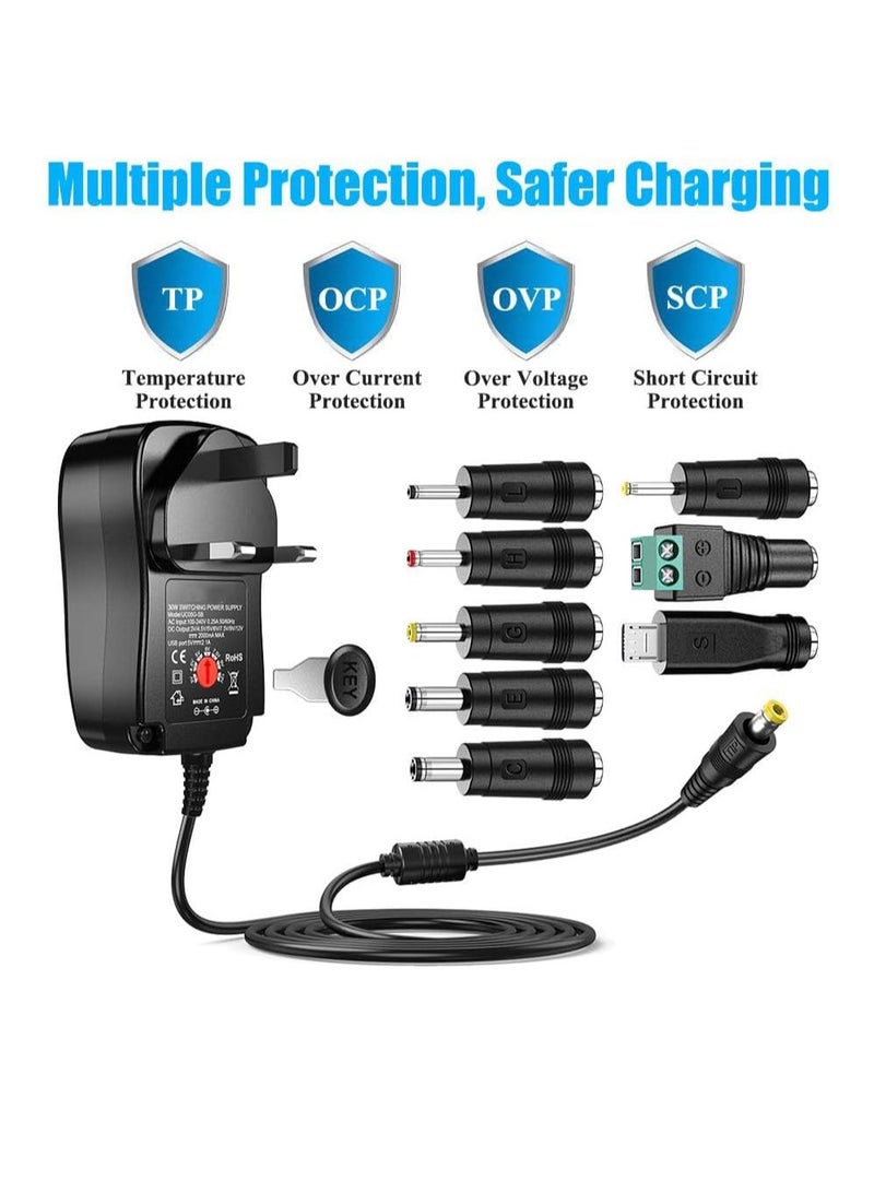 KASTWAVE Universal 30W 3V 4.5V 5V 6V 7.5V 9V 12V AC/DC Adapter Switching Power Supply Charger PSU with 8 Selectable Adaptor Tips for 3V-12V Household Electronics and LED Strip - 2000mA Max - Image 4