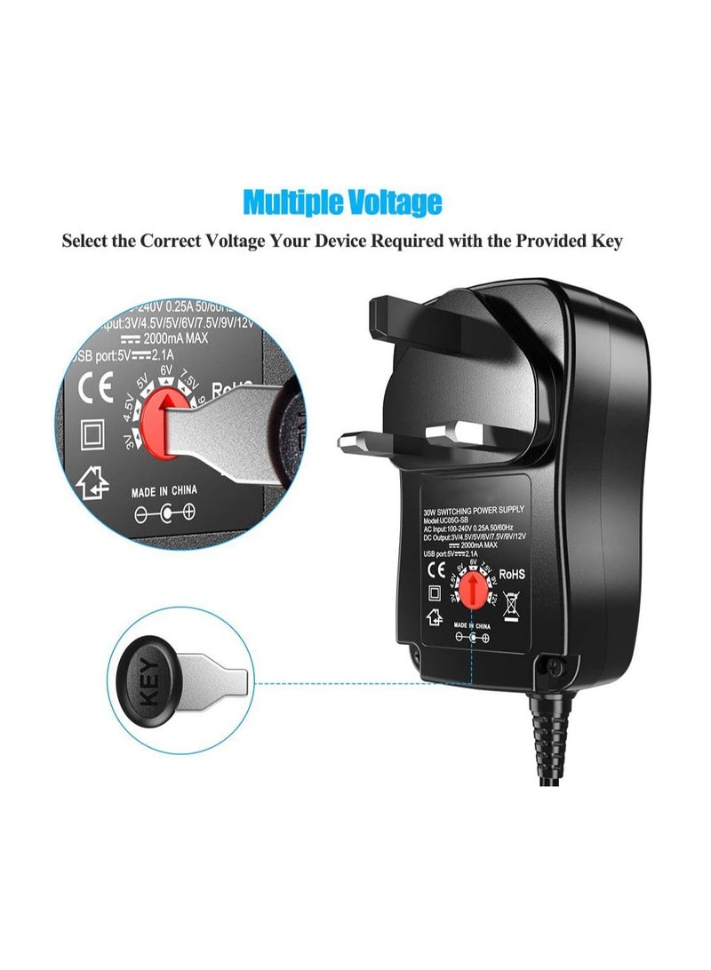 KASTWAVE Universal 30W 3V 4.5V 5V 6V 7.5V 9V 12V AC/DC Adapter Switching Power Supply Charger PSU with 8 Selectable Adaptor Tips for 3V-12V Household Electronics and LED Strip - 2000mA Max - Image 2