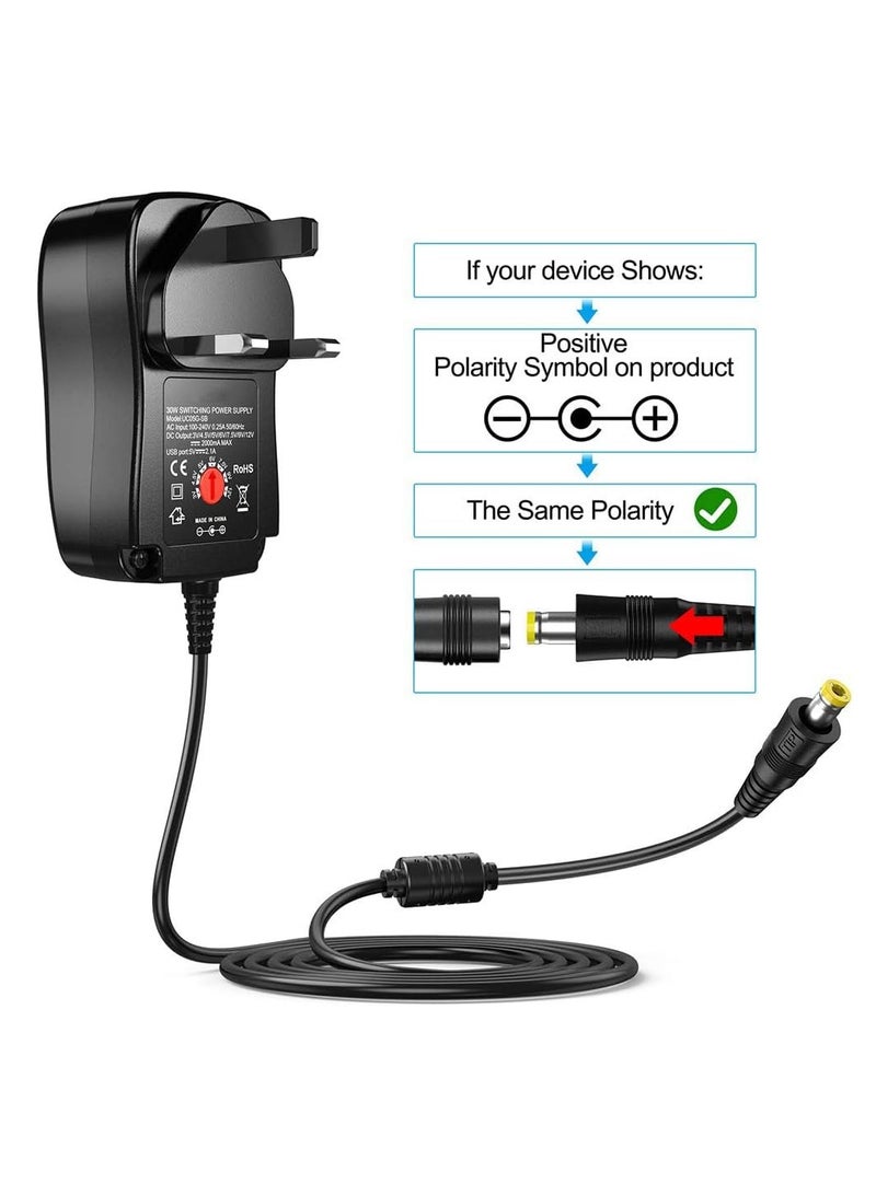 KASTWAVE Universal 30W 3V 4.5V 5V 6V 7.5V 9V 12V AC/DC Adapter Switching Power Supply Charger PSU with 8 Selectable Adaptor Tips for 3V-12V Household Electronics and LED Strip - 2000mA Max - Image 3
