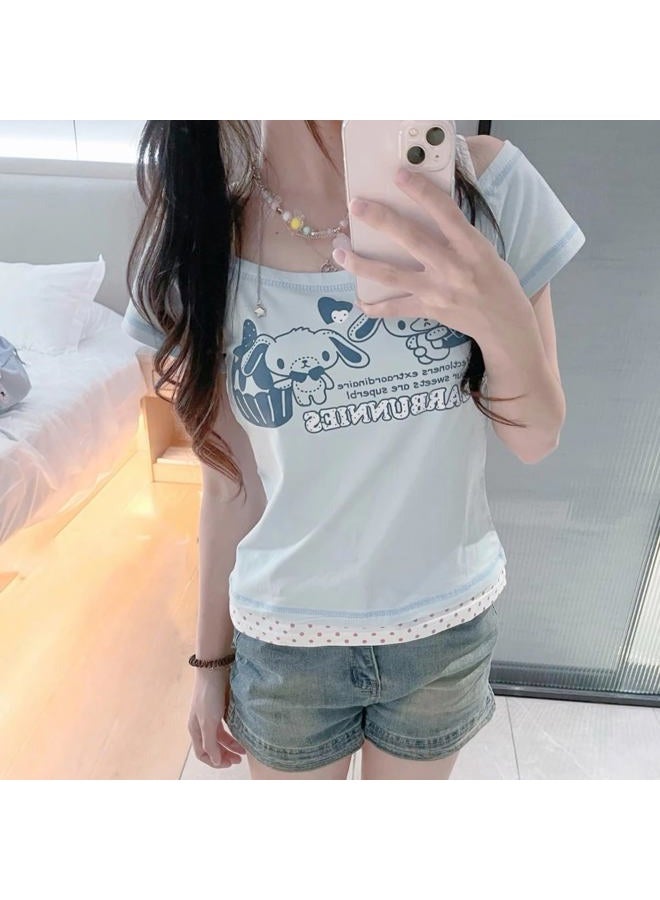 MANGMAO Kawaii Cutecore Harajuku Y2k 2000s Tops Summer Preppy Aesthetic Alt Goth Emo Short Sleeve Graphic Tees, Blue Polka Dot, M - Image 3