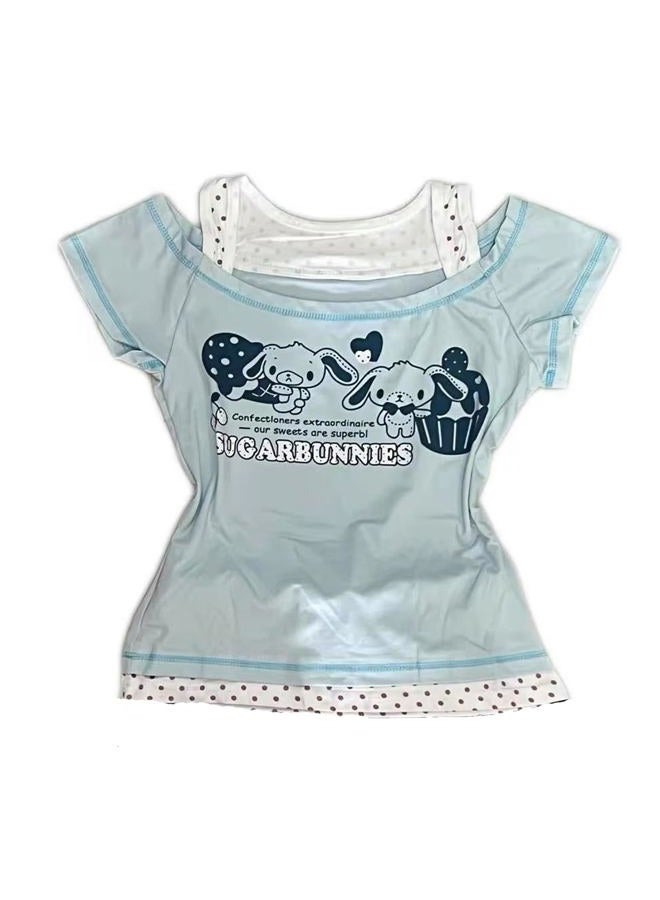 MANGMAO Kawaii Cutecore Harajuku Y2k 2000s Tops Summer Preppy Aesthetic Alt Goth Emo Short Sleeve Graphic Tees, Blue Polka Dot, M - Image 1