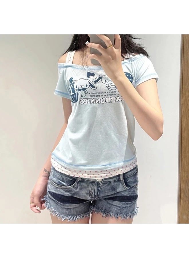 MANGMAO Kawaii Cutecore Harajuku Y2k 2000s Tops Summer Preppy Aesthetic Alt Goth Emo Short Sleeve Graphic Tees, Blue Polka Dot, M - Image 2
