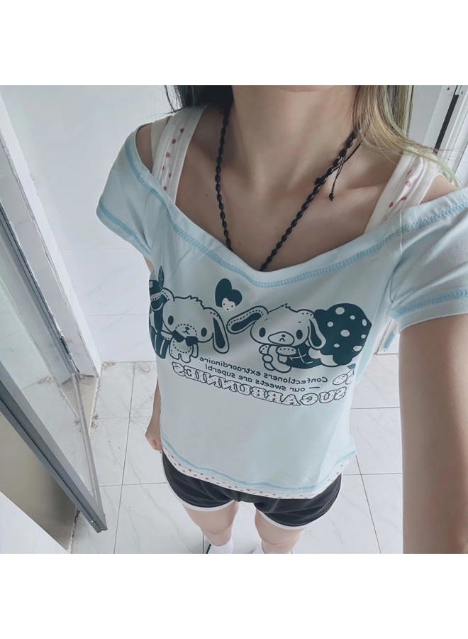 MANGMAO Kawaii Cutecore Harajuku Y2k 2000s Tops Summer Preppy Aesthetic Alt Goth Emo Short Sleeve Graphic Tees, Blue Polka Dot, M - Image 5