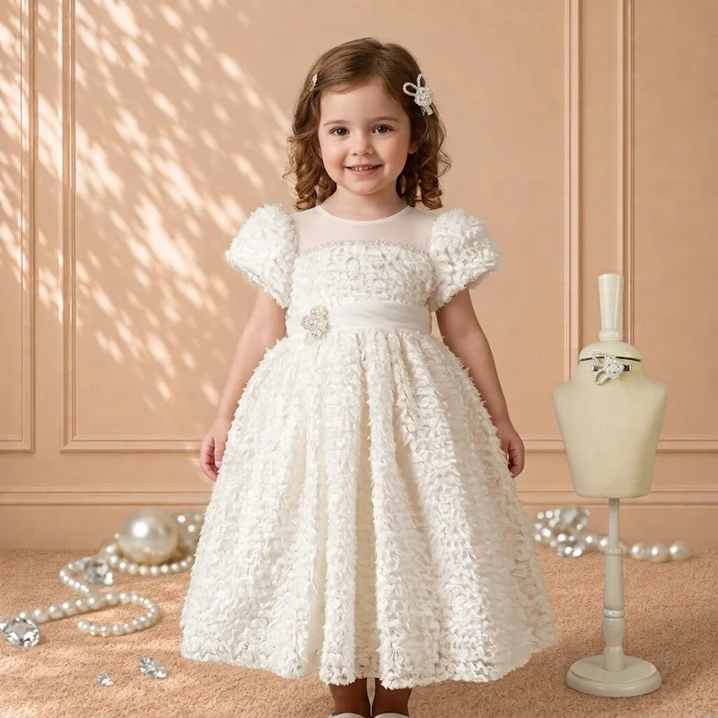 Via Bambino Ivory Pearl Puff-Sleeve Baby Gown 6116A
