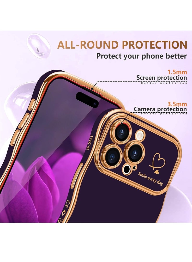 WRISTWISE Case Cover for iPhone 15 Pro Max, Cute Wave Frame Curly Shape with Love Heart Pattern Raised Camera Protection Cover Luxury Plating Shockproof Phone Case for iPhone 15 Pro Max, Purple - Image 4