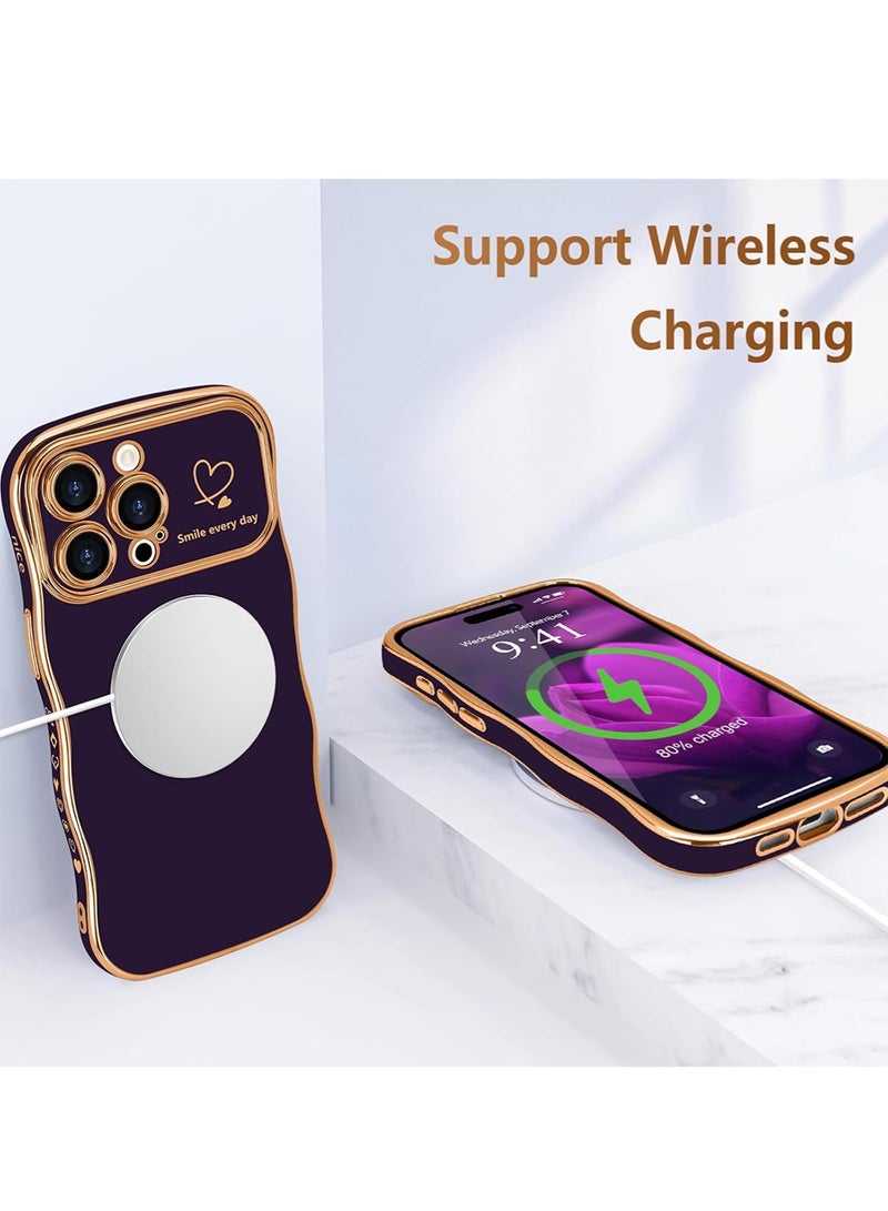WRISTWISE Case Cover for iPhone 15 Pro Max, Cute Wave Frame Curly Shape with Love Heart Pattern Raised Camera Protection Cover Luxury Plating Shockproof Phone Case for iPhone 15 Pro Max, Purple - Image 5