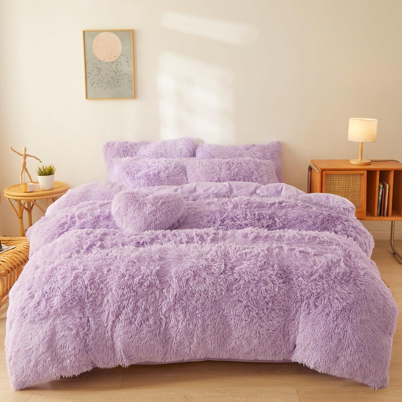 FOPPA Plush Fluffy Comforter Cover Set Queen  Ultra Soft Faux Fur bedding sets with 1 Plush Duvet Cover and 2 Shaggy Pillow cases Queen Lilac