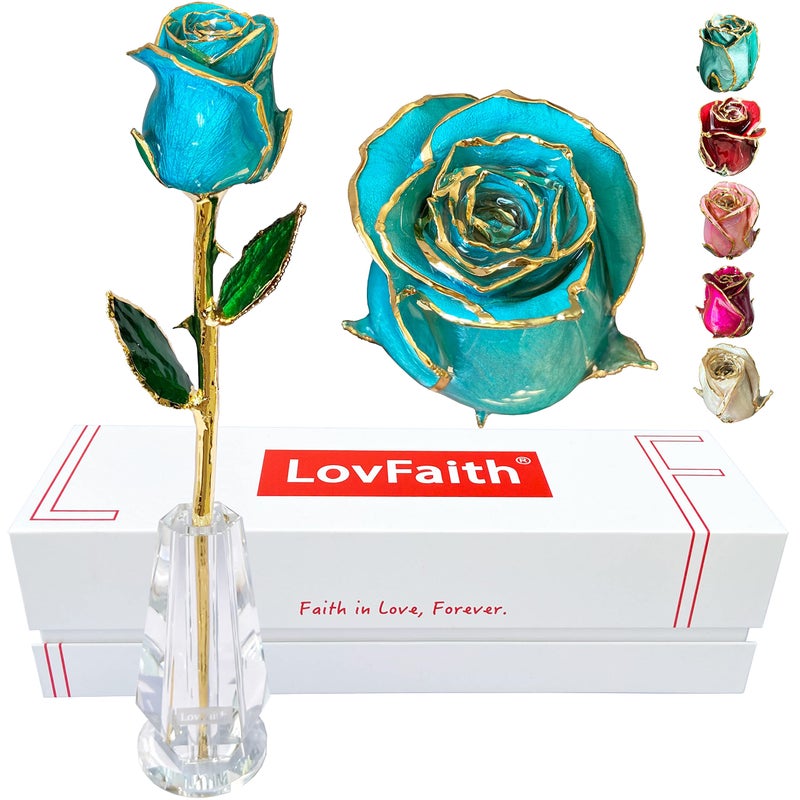 LovFaith LovFaith Valentine Gift Real Rose Dipped 24K Gold with Crystal Stand Best Anniversary Rose Gift for Her Wife Mother Birthday Christmas A3 Deep Teal Blue Original Rose 