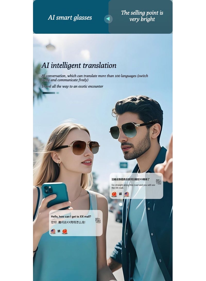 ai smart glasses, AI real-time translation glasses, metal square frame, men's and women's black technology color-changing sunglasses  - Image 4