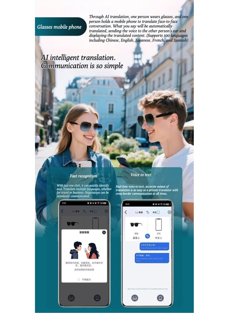 نظارات ذكية AI، نظارات ترجمة AI في الوقت الحقيقي، إطار مربع معدني، نظارات شمسية للرجال والنساء التكنولوجيا السوداء تغيير اللون - Image 3