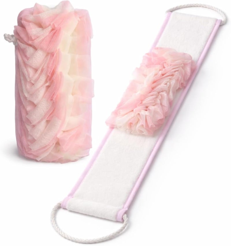 Shower Exfoliating Towel 80 Cm 3D Exfoliating Bath Cloth With Strap, Microfiber Body Scrubber For Shower, Men Women, Pink
