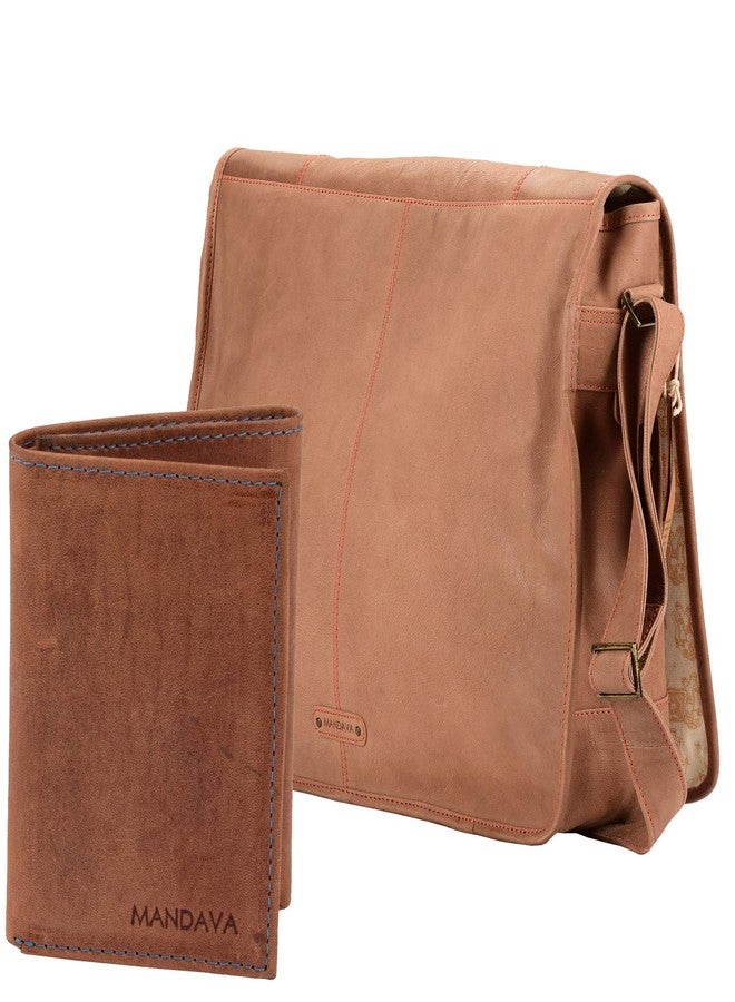 MANDAVA Combo Set of Leather Unisex Messenger Bag with Handbag Leather Wallet for Women - Image 1