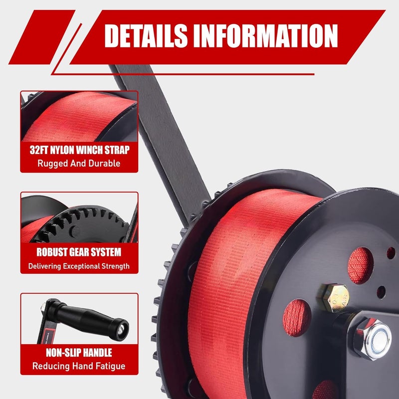 TYT 3500LB Boat Trailer Strap Winch with 10M Red Strap, Sturdy Long-Lasting Gear Hand Crank Winch, Operated Two Way Ratchet Manual Winches for Towing Pulley Boat Trailer Truck RV Jet Ski Marine Winch - Image 3