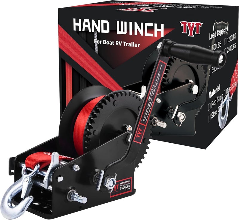 TYT 3500LB Boat Trailer Strap Winch with 10M Red Strap, Sturdy Long-Lasting Gear Hand Crank Winch, Operated Two Way Ratchet Manual Winches for Towing Pulley Boat Trailer Truck RV Jet Ski Marine Winch - Image 1