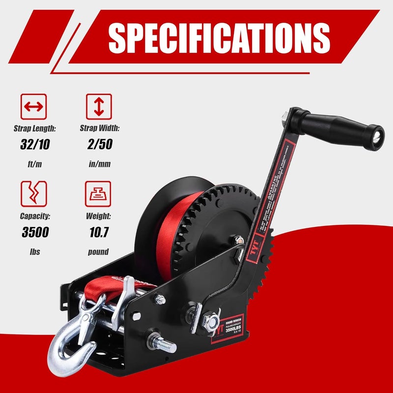 TYT 3500LB Boat Trailer Strap Winch with 10M Red Strap, Sturdy Long-Lasting Gear Hand Crank Winch, Operated Two Way Ratchet Manual Winches for Towing Pulley Boat Trailer Truck RV Jet Ski Marine Winch - Image 2