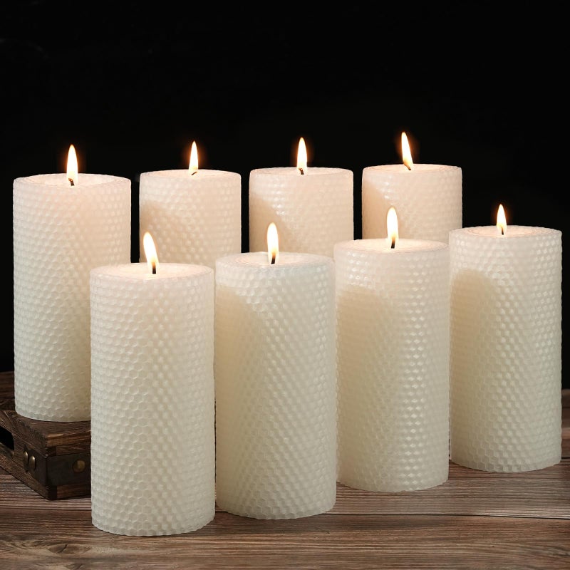 Uniteland 8 Packs Beeswax Candles - 360 Hours Long Burning, Handmade Pillar Beeswax Candles Handcrafted Honeycomb Bees Wax Candle for Home, Prayer, Unscented Pillar Candle (2.8x6 in) - Image 1